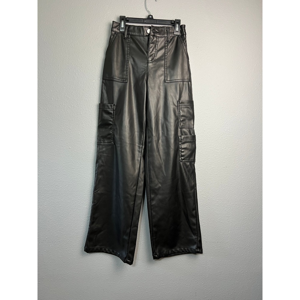No Boundaries Grunge Black Faux Leather Cargo Pants Wide Leg XXS 00 Goth Preppy